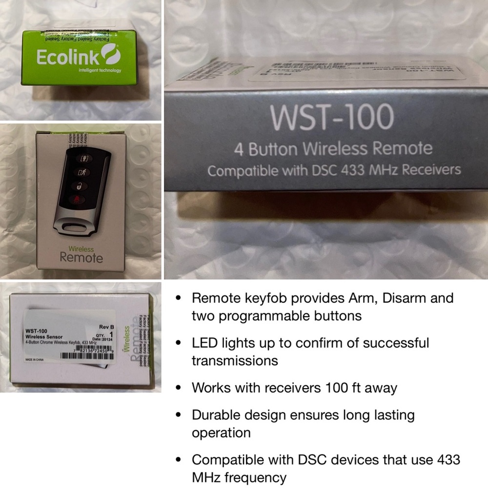 FREE BATTERIES with Purchase of Ecolink WST-100 4 Button Wireless Remote Key-fob